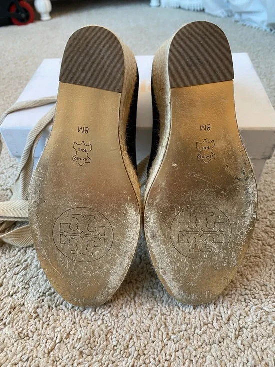 Tory Burch Navy Canvas Espadrille Wedges with Beige Rope Trim.  Tie up leg strap - Picture 4 of 4